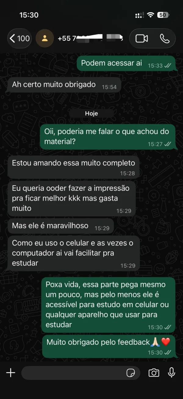 Depoimento de aluna no WhatsApp sobre o material de francês